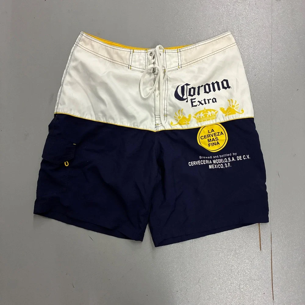 Corona Extra Mens Board Shorts Navy White Yellow Beer Logo Swim Trunks Size 38